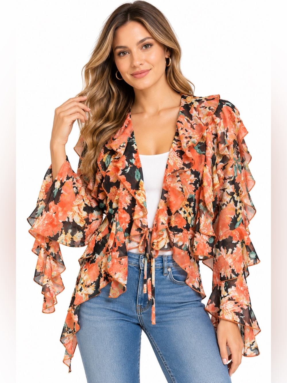 JLUXLABEL Coral Floral Ruffle Shrug with Black Base NWT